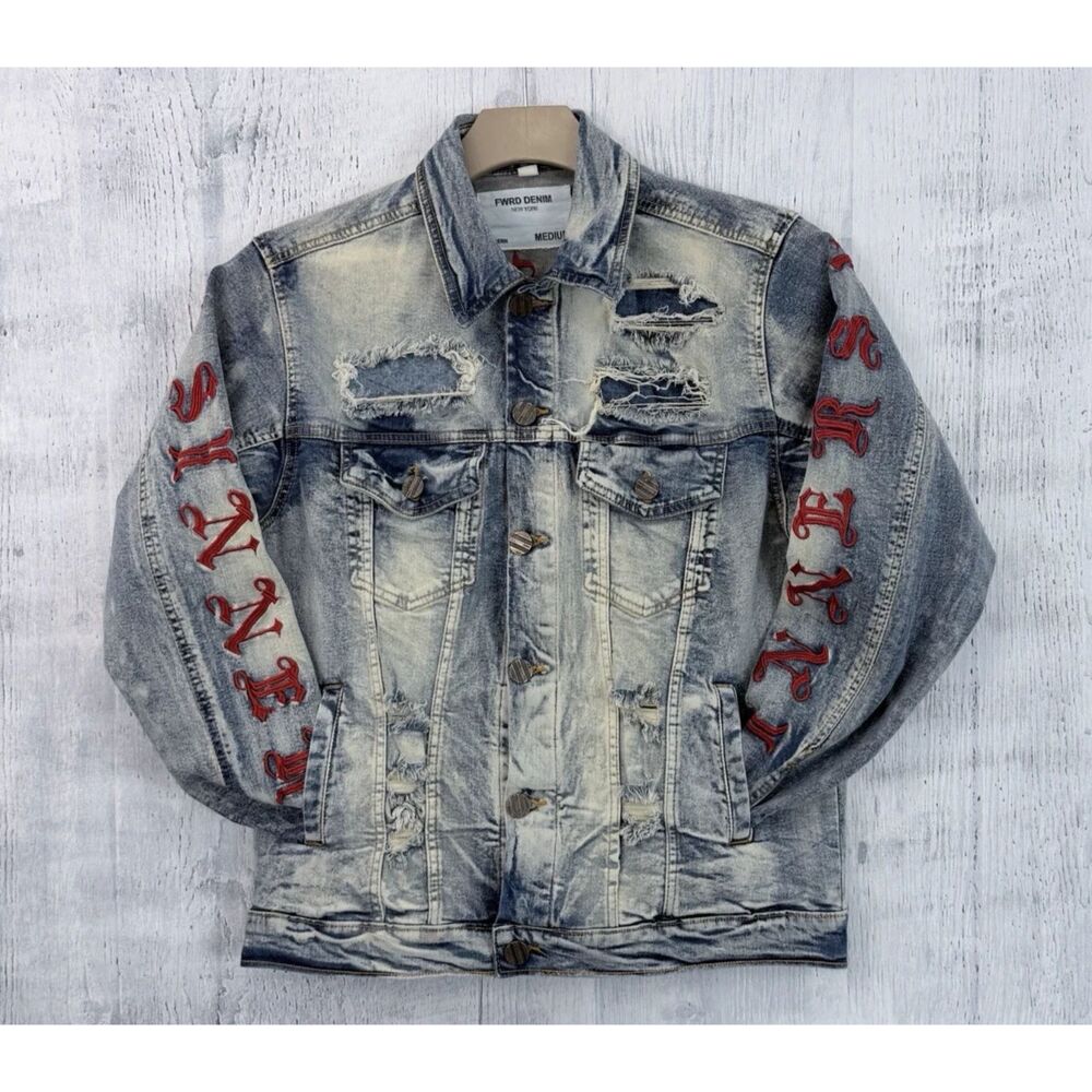 FWRD Denim New York Saints and Sinners Jean Jacket Men M Embroidered Distressed
